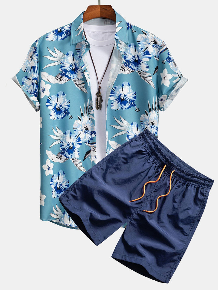 Tropical Floral Print Button-Up Shirt and Swim Shorts