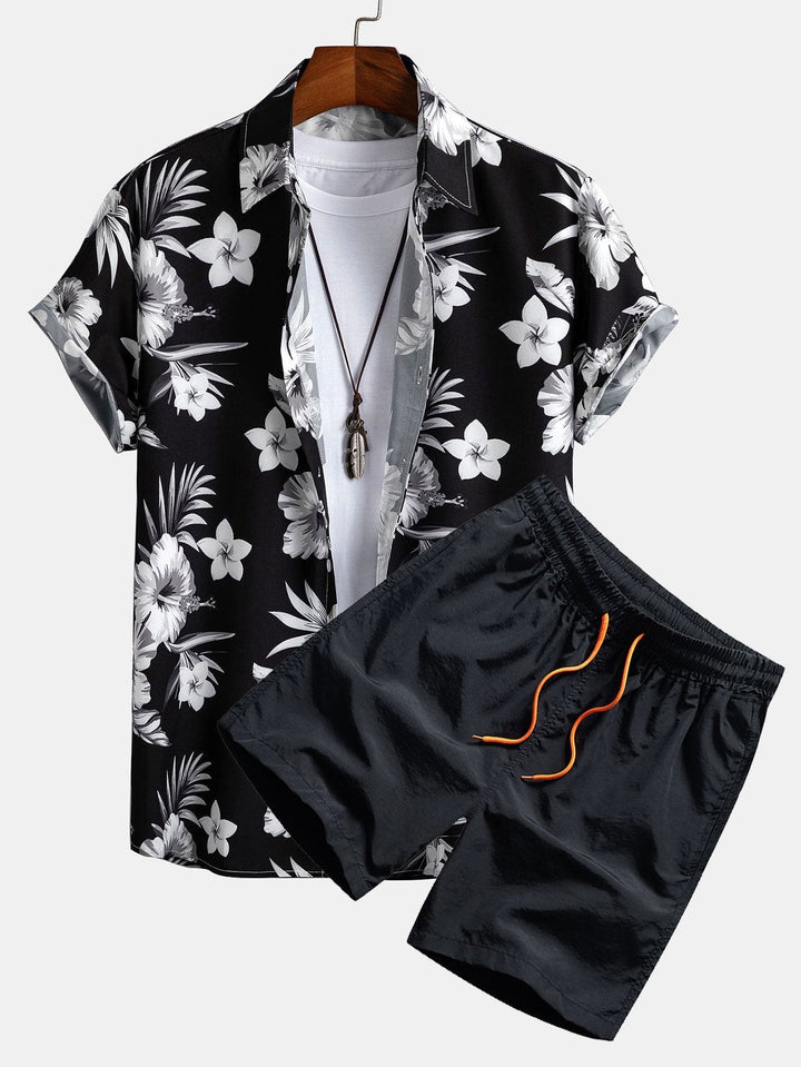 Tropical Floral Print Button-Up Shirt and Swim Shorts