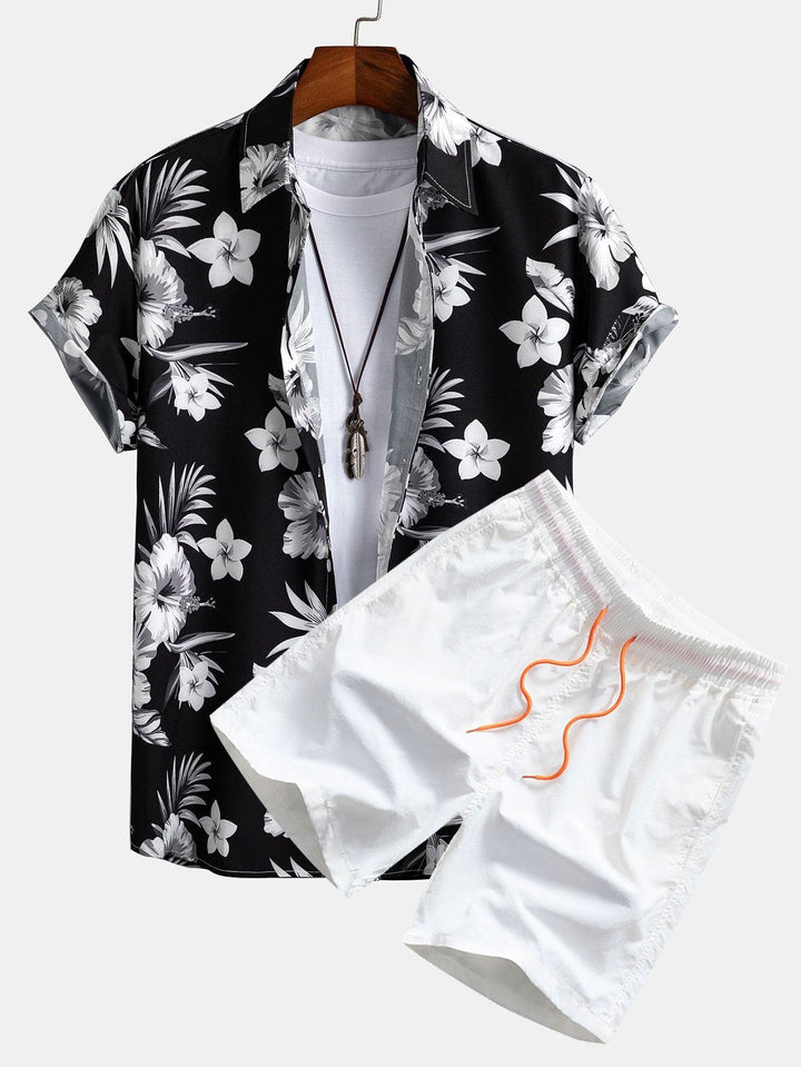 Tropical Floral Print Button-Up Shirt and Swim Shorts