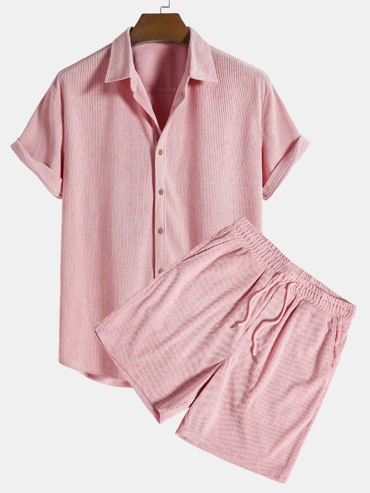 Short Sleeve Corduroy Shirt with Buttons and Shorts