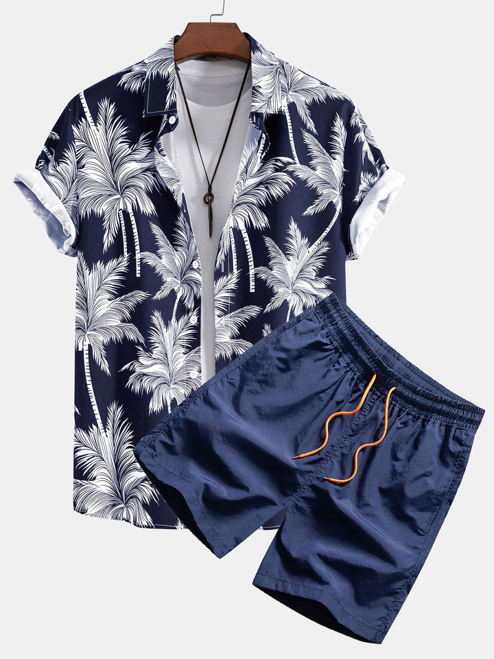 Printed Palm Button-Up Shirt & Swim Shorts
