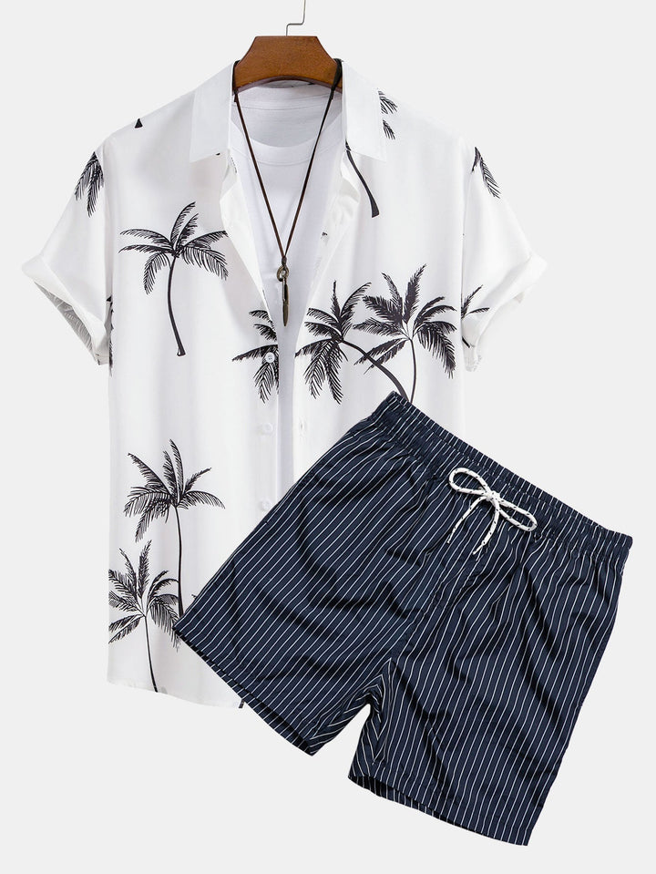 Printed Palm Button-Up Shirt & Striped Swim Shorts