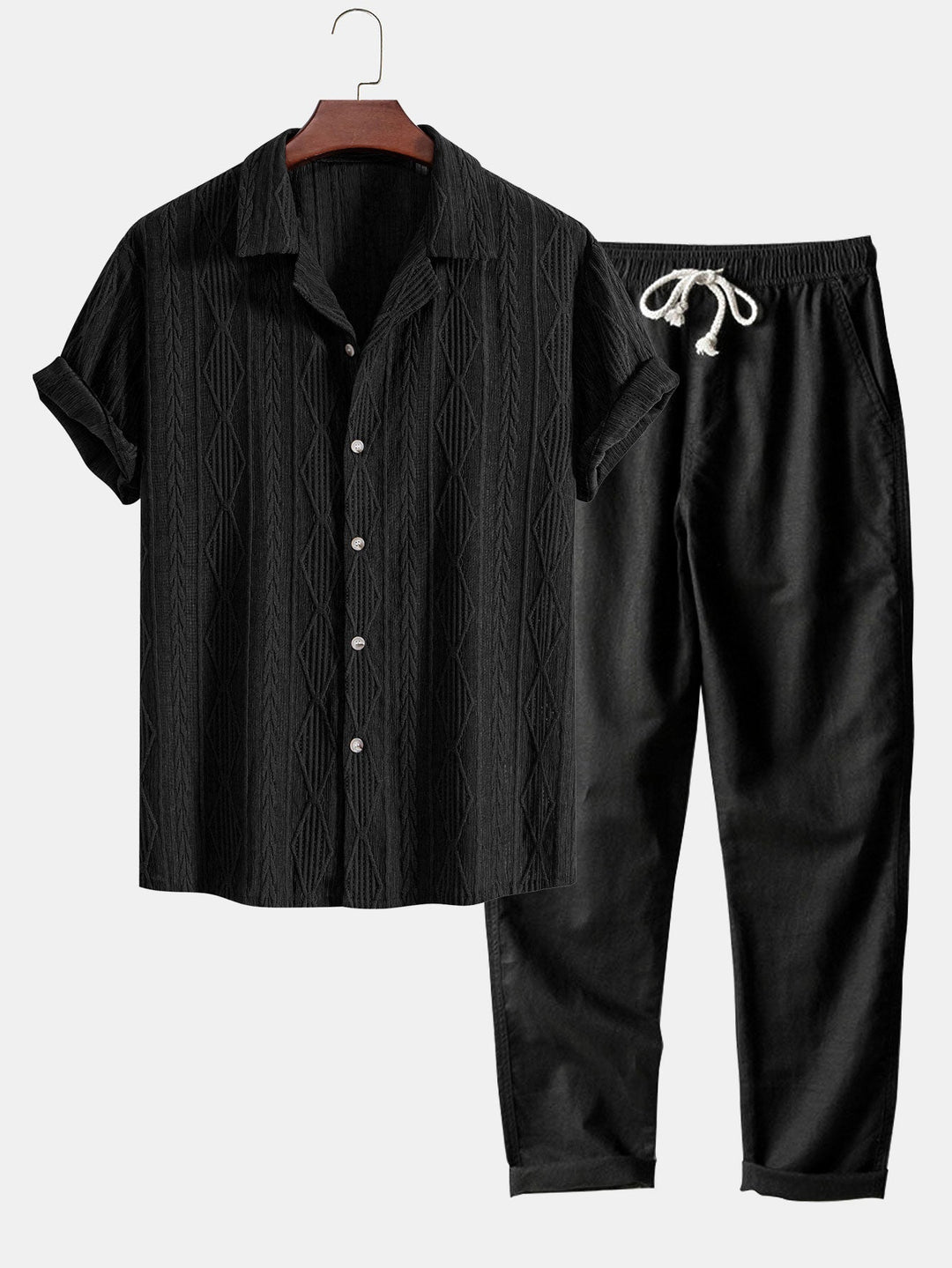 Geometric Jacquard Cuban Shirt and Straight Leg Linen Pants