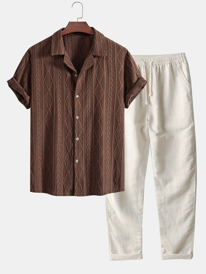 Geometric Jacquard Cuban Shirt and Straight Leg Linen Pants