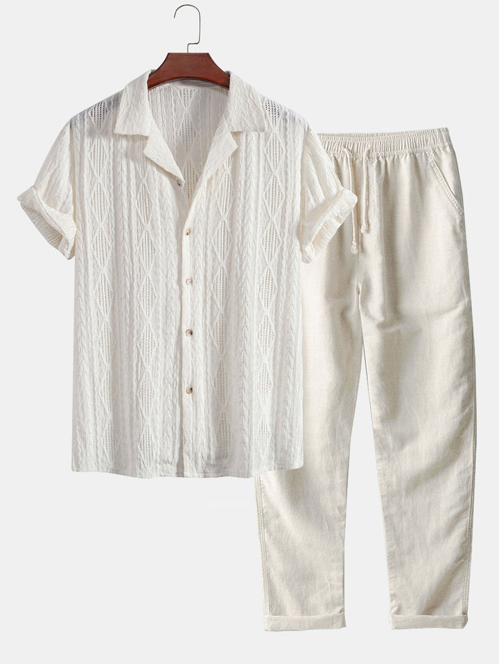 Geometric Jacquard Cuban Shirt and Straight Leg Linen Pants