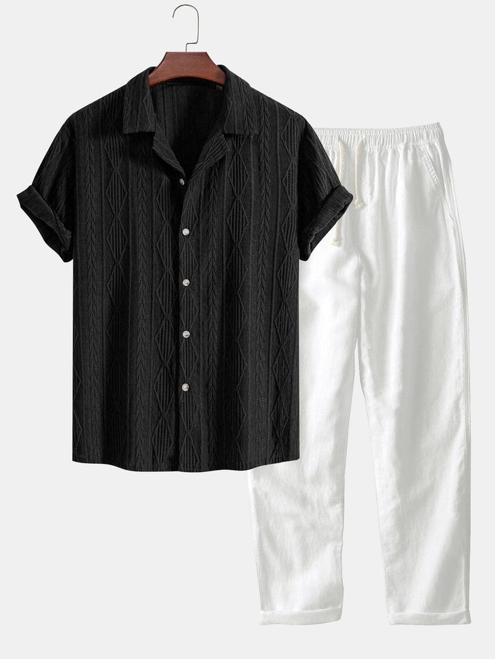 Geometric Jacquard Cuban Shirt and Straight Leg Linen Pants