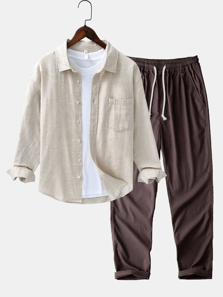 Long Sleeve Linen and Cotton Shirt with Pocket & Straight Leg Linen Pants