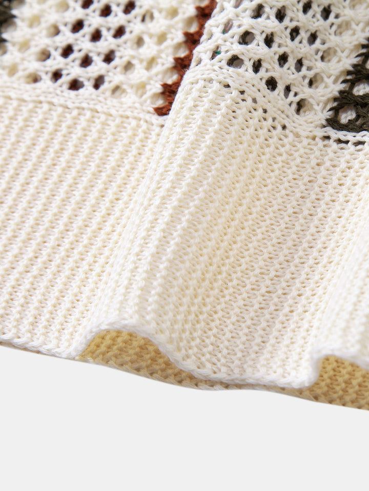 Striped Crochet Polo with V-Neck & Straight Leg Linen Pants