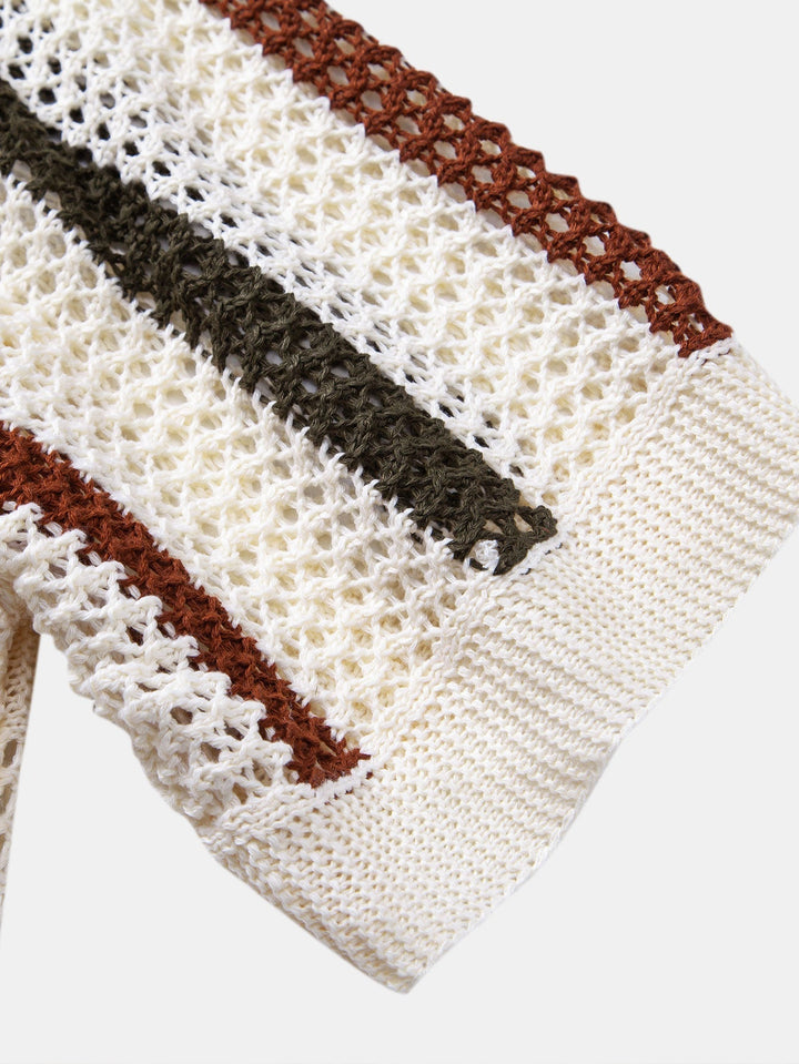 Striped Crochet Polo with V-Neck & Straight Leg Linen Pants