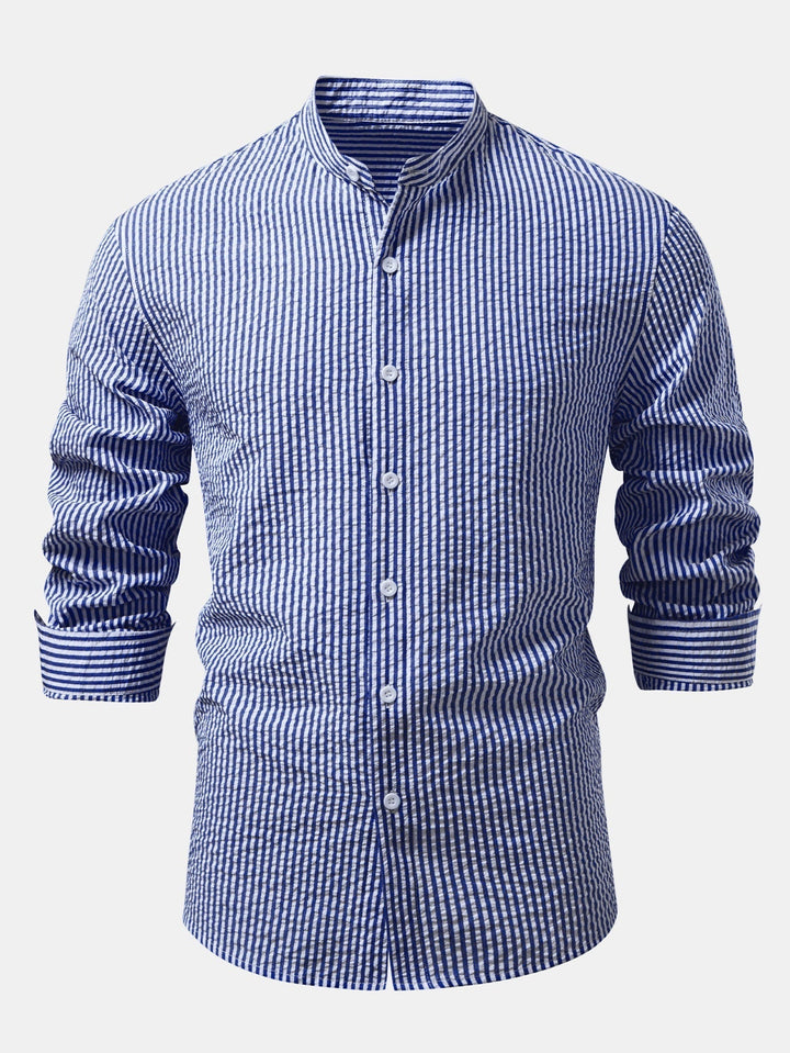 Striped Seersucker Shirt with Stand Collar