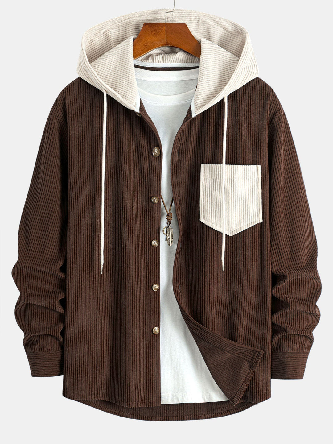 Contrast Corduroy Hooded Shirt with Long Sleeves