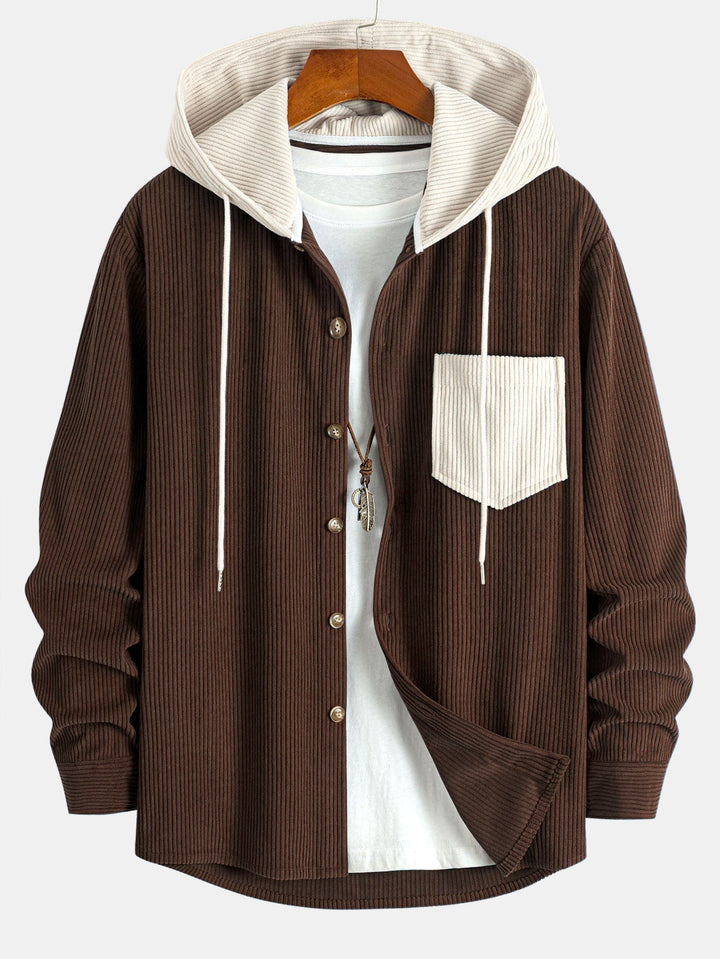 Contrast Corduroy Hooded Shirt with Long Sleeves