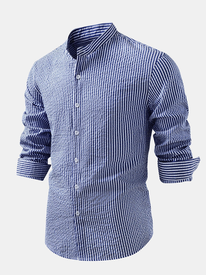 Striped Seersucker Shirt with Stand Collar