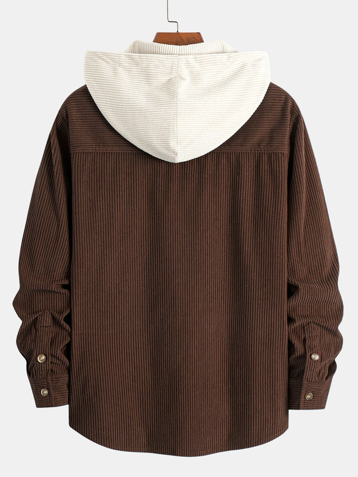 Contrast Corduroy Hooded Shirt with Long Sleeves
