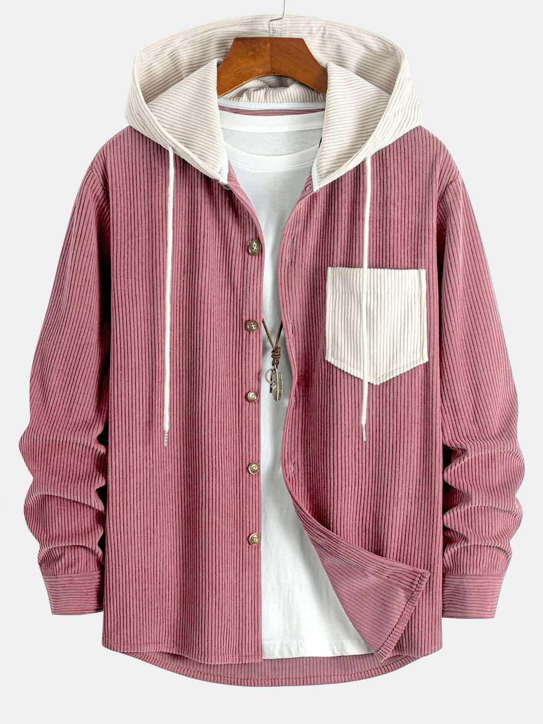 Contrast Corduroy Hooded Shirt with Long Sleeves