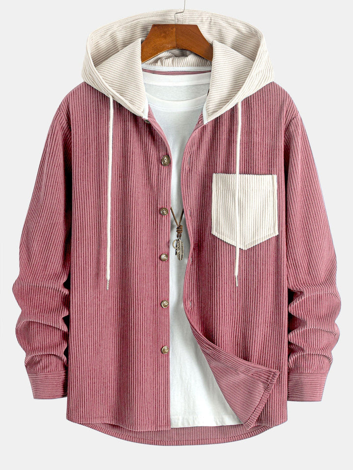 Contrast Corduroy Hooded Shirt with Long Sleeves