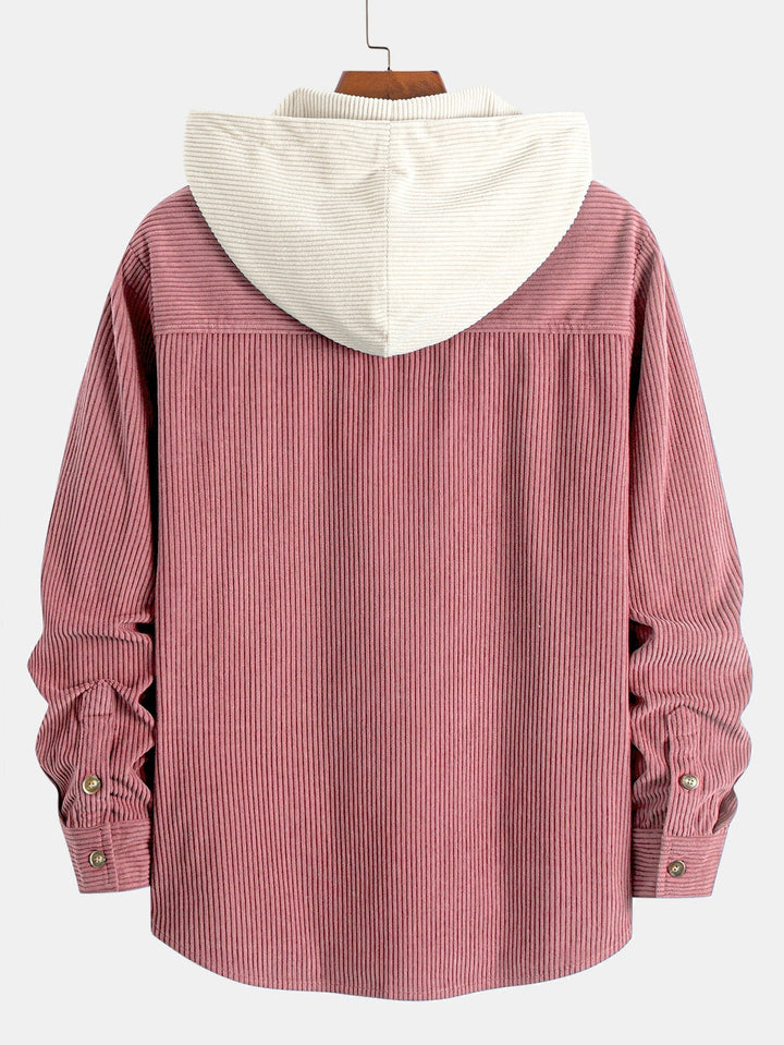 Contrast Corduroy Hooded Shirt with Long Sleeves