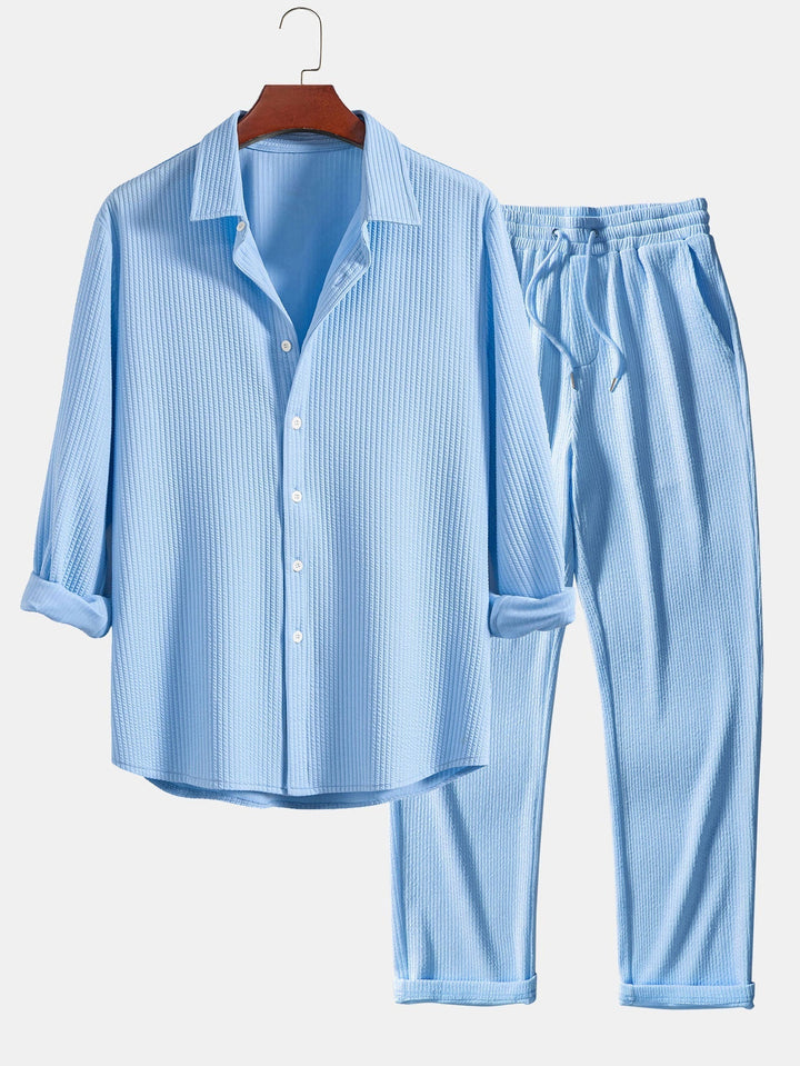 Ribbed Long Sleeve Muscle Fit Shirt, Button-Up & Ribbed Straight Leg Pants