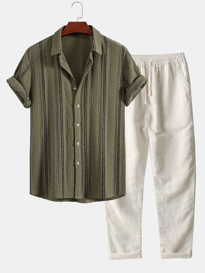 Geometric Stripe Jacquard Button-Up Shirt & Straight Leg Linen Pants