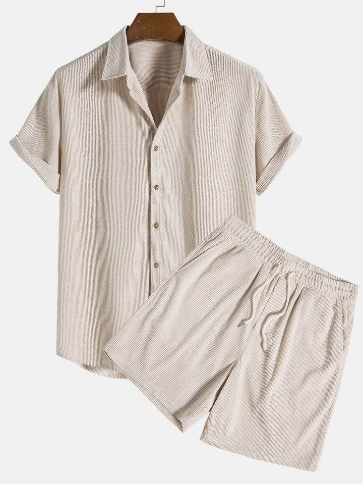 Short Sleeve Corduroy Shirt with Buttons and Shorts