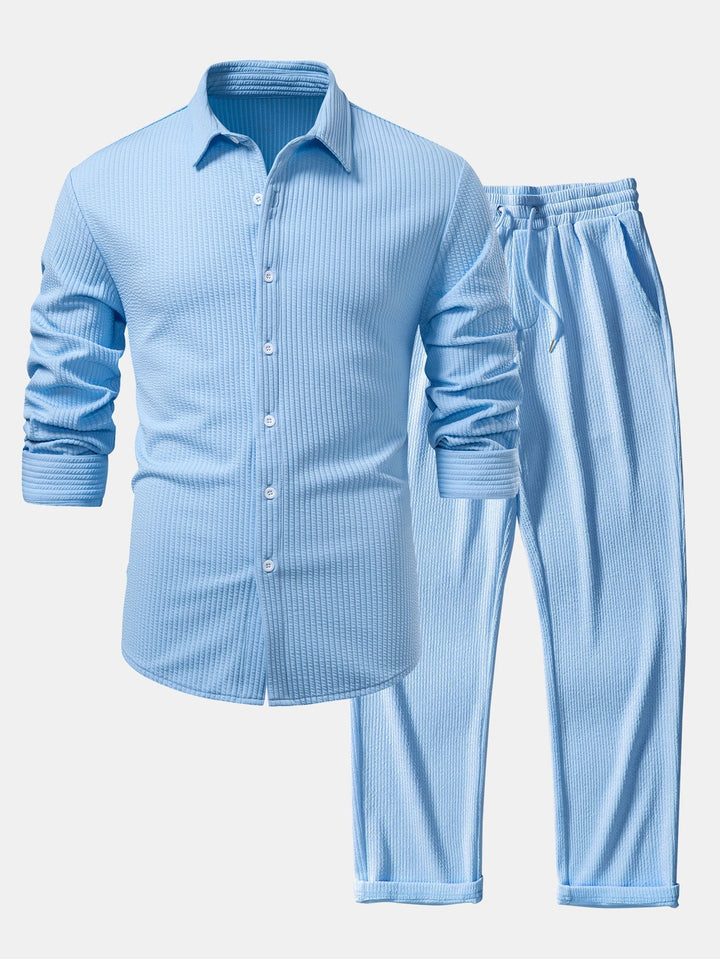 Ribbed Long Sleeve Muscle Fit Shirt, Buttoned & Ribbed Straight Leg Pants