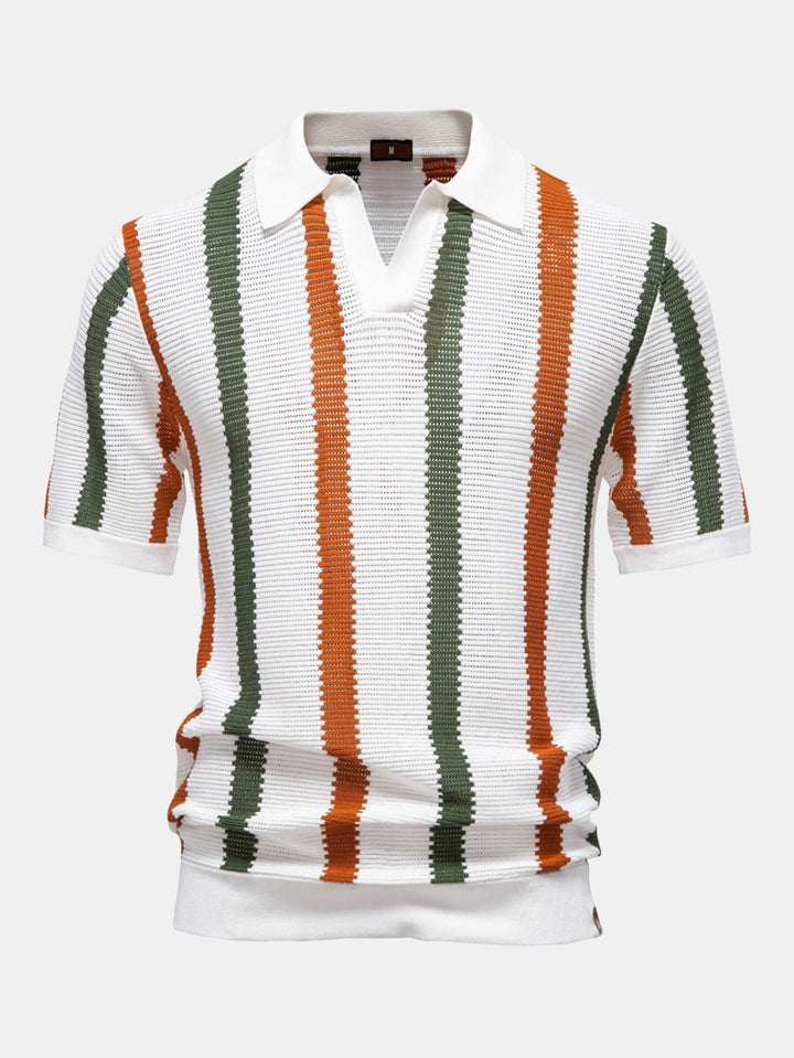 V-Neck Striped Knit Polo