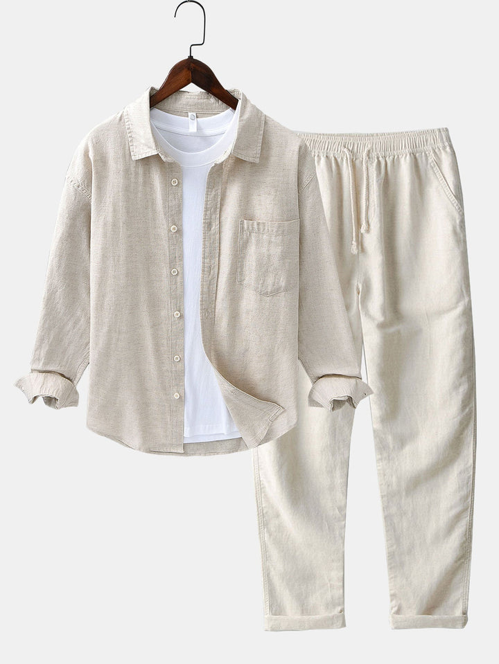 Long Sleeve Linen and Cotton Shirt with Pocket & Straight Leg Linen Pants