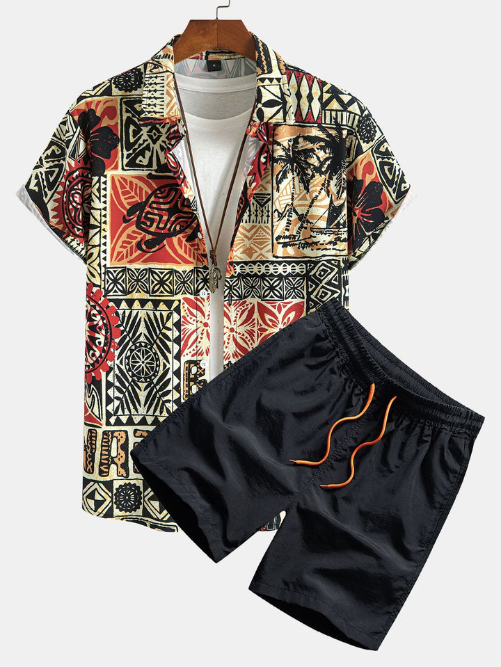 Palm Tree Turtle Geometry to Print Button Shirt Up & Swim Shorts