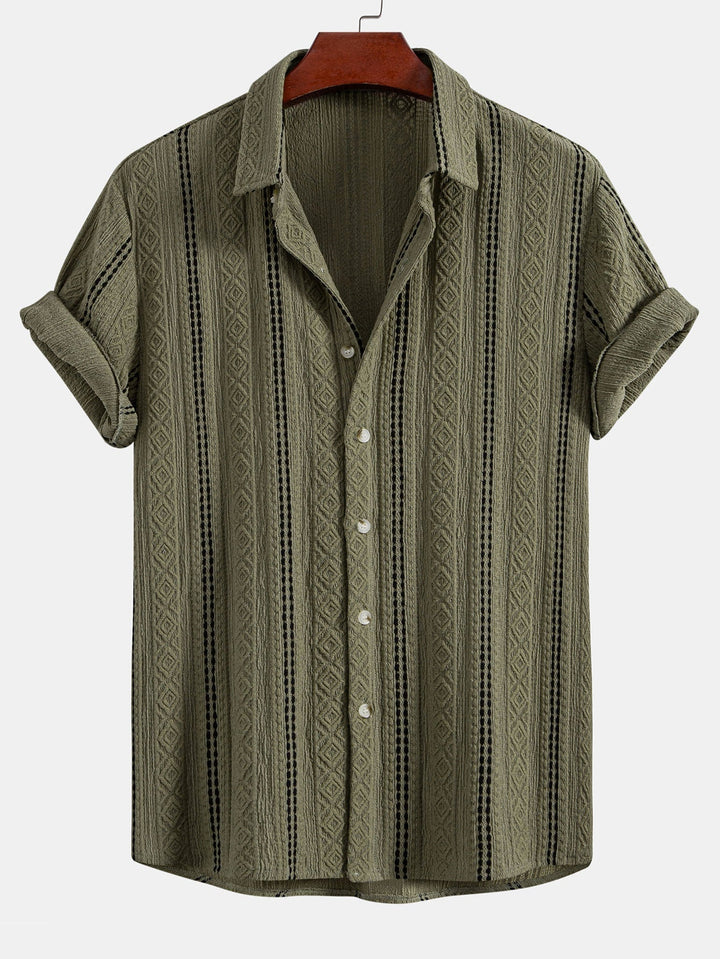 Geometric Stripe Jacquard Button-Up Shirt & Straight Leg Linen Pants