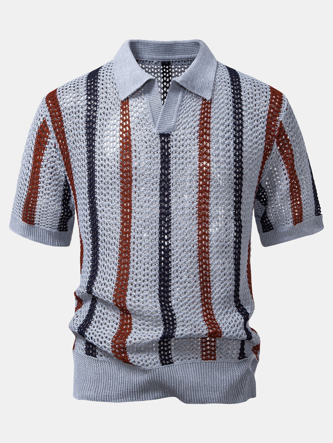 Striped Crochet Polo with V-Neck & Straight Leg Linen Pants
