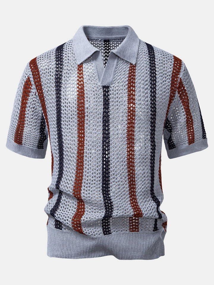 Striped Crochet Polo with V-Neck & Straight Leg Linen Pants