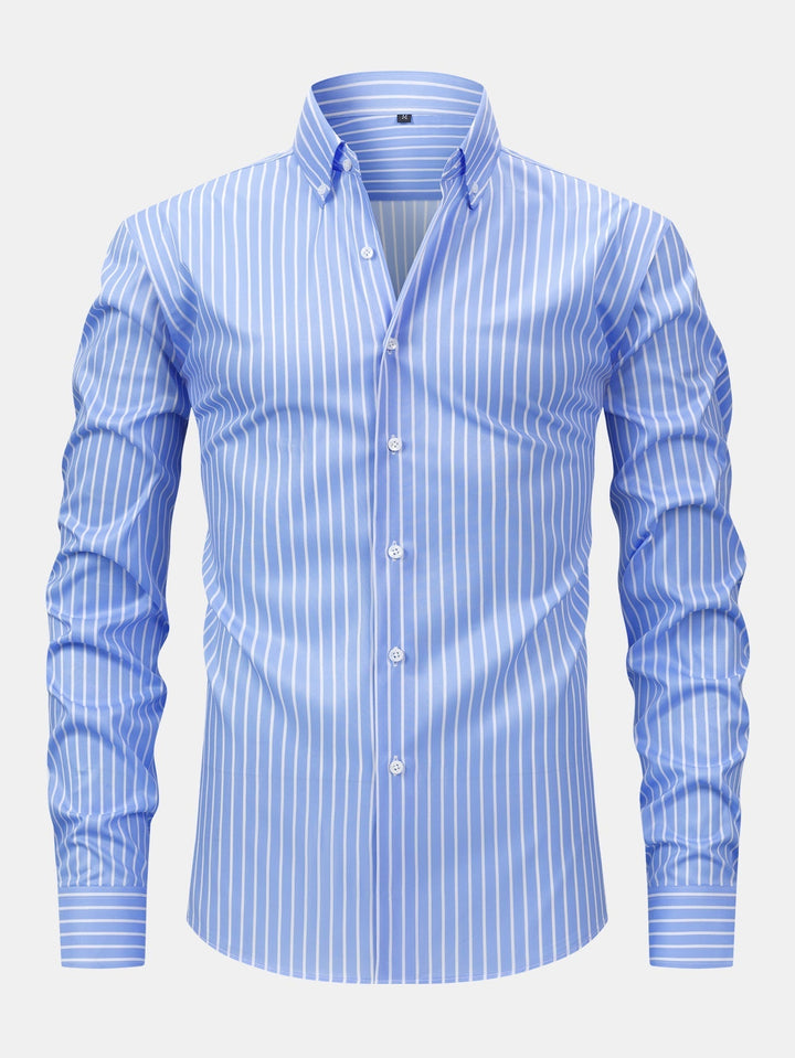 Long Sleeve Striped Shirt with Buttons & Straight Leg Elastic Waist Pants
