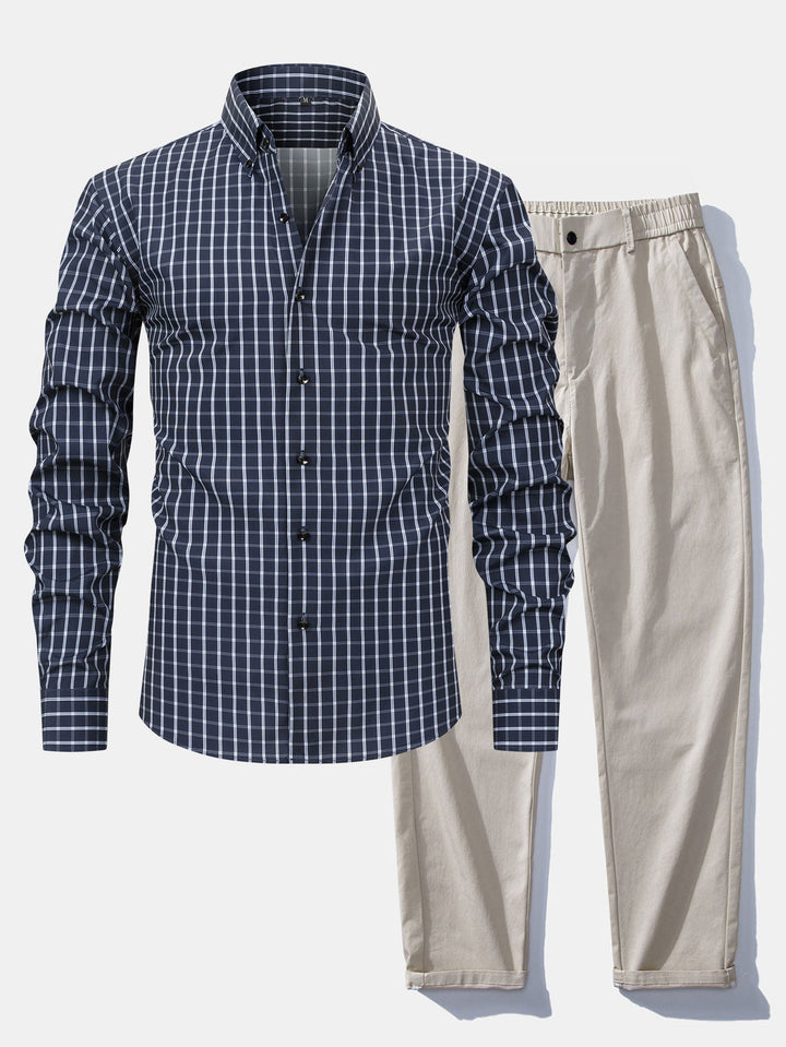 Long Sleeve Checkered Shirt with Buttons & Straight Leg Elastic Waist Pants