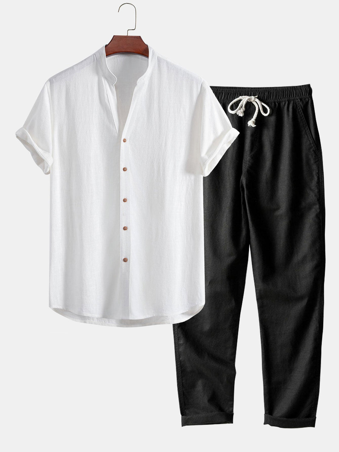 Linen and Rayon Blend V-Neck Shirt & Straight Leg Linen Pants