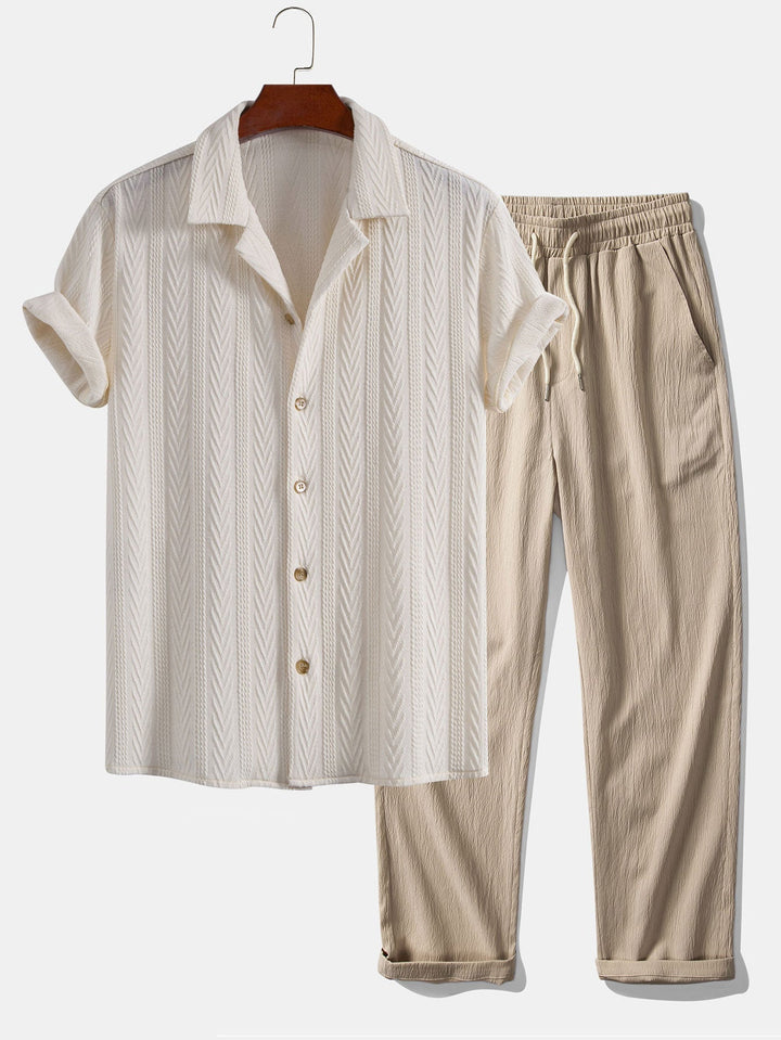 Textured Jacquard Cuban Collar Shirt & Textured Straight Leg Pants