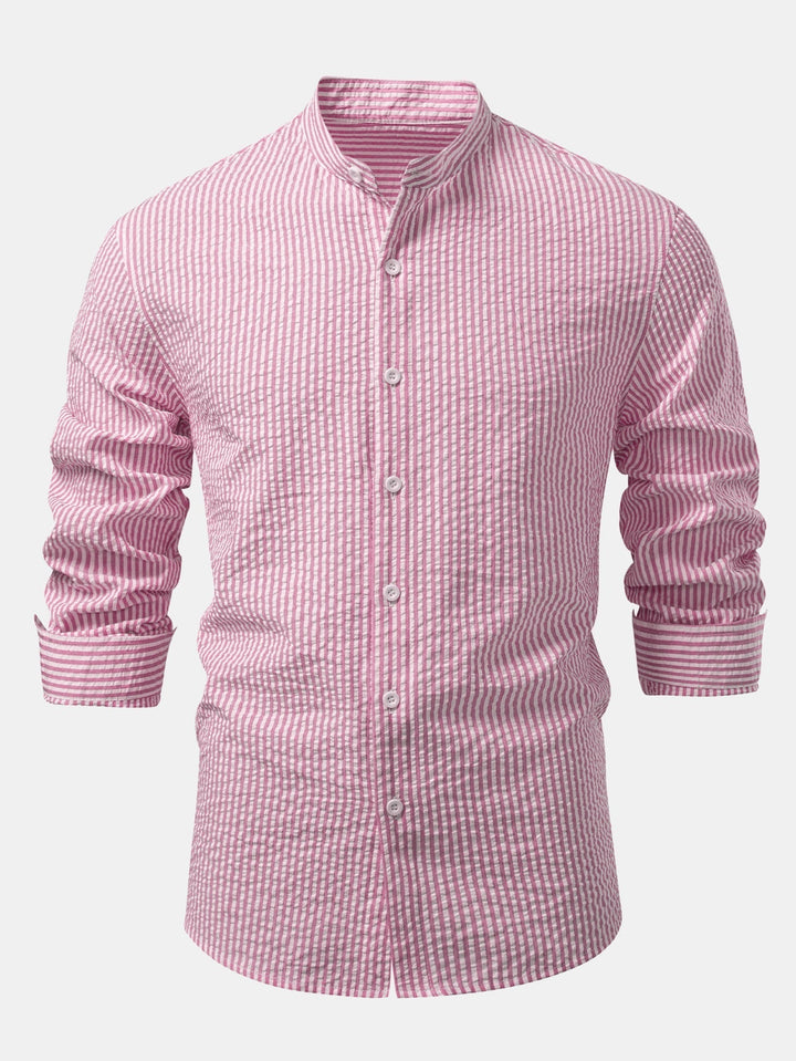 Striped Seersucker Shirt with Stand Collar