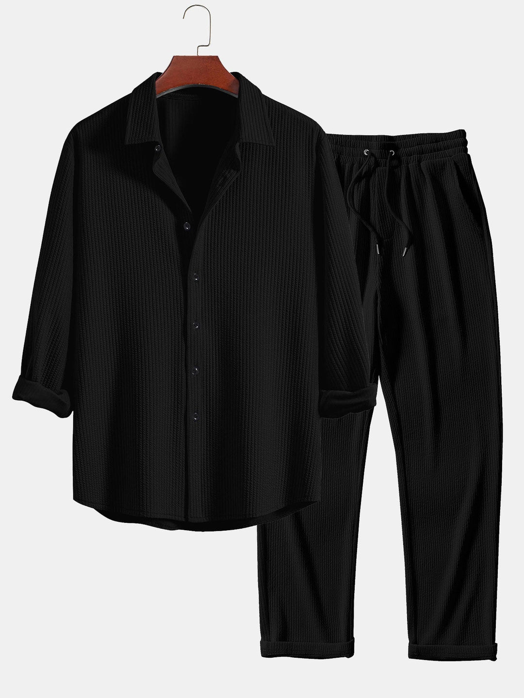 Ribbed Long Sleeve Muscle Fit Shirt, Button-Up & Ribbed Straight Leg Pants