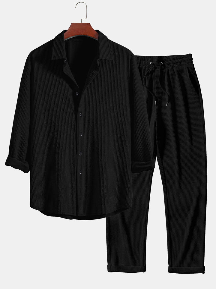 Ribbed Long Sleeve Muscle Fit Shirt, Button-Up & Ribbed Straight Leg Pants