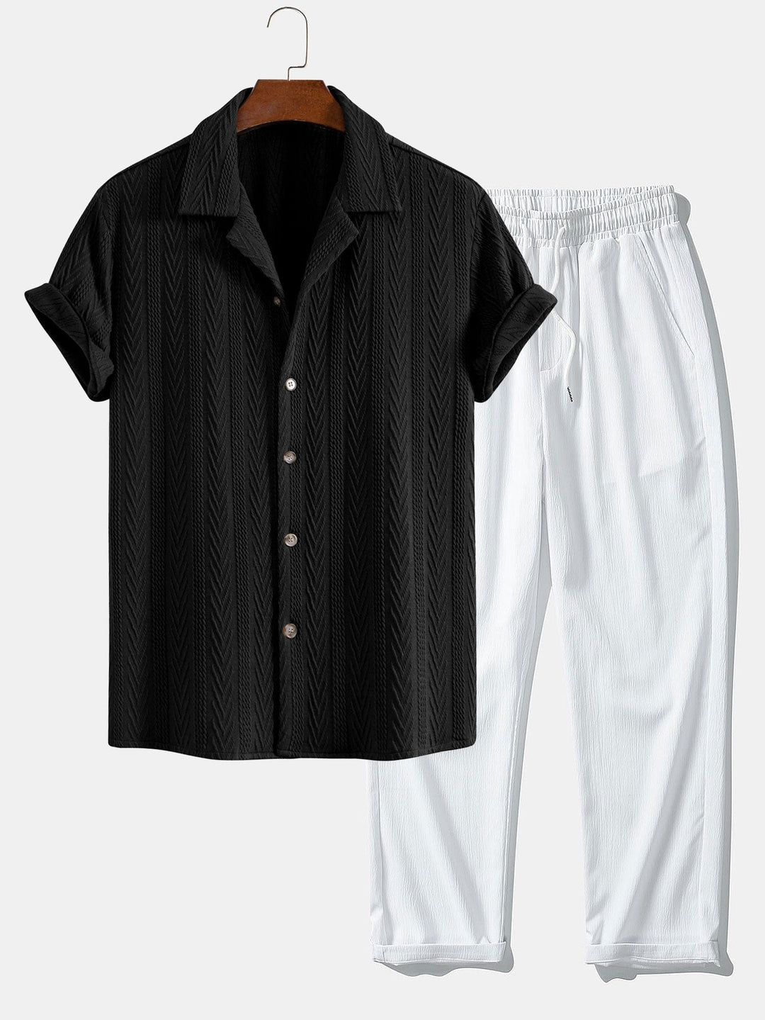Textured Jacquard Cuban Collar Shirt & Textured Straight Leg Pants