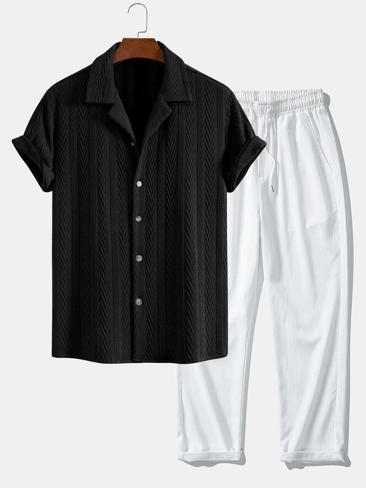 Textured Jacquard Cuban Collar Shirt & Textured Straight Leg Pants