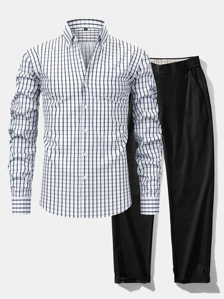 Long Sleeve Checkered Shirt with Buttons & Straight Leg Elastic Waist Pants