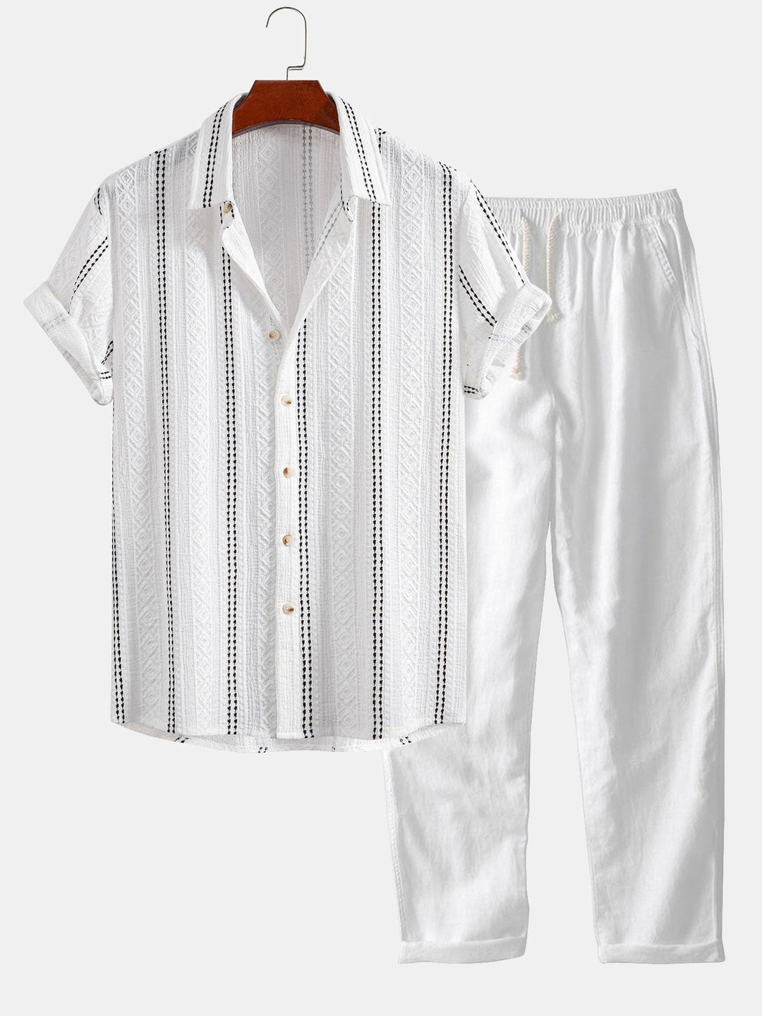 Geometric Stripe Jacquard Button-Up Shirt & Straight Leg Linen Pants