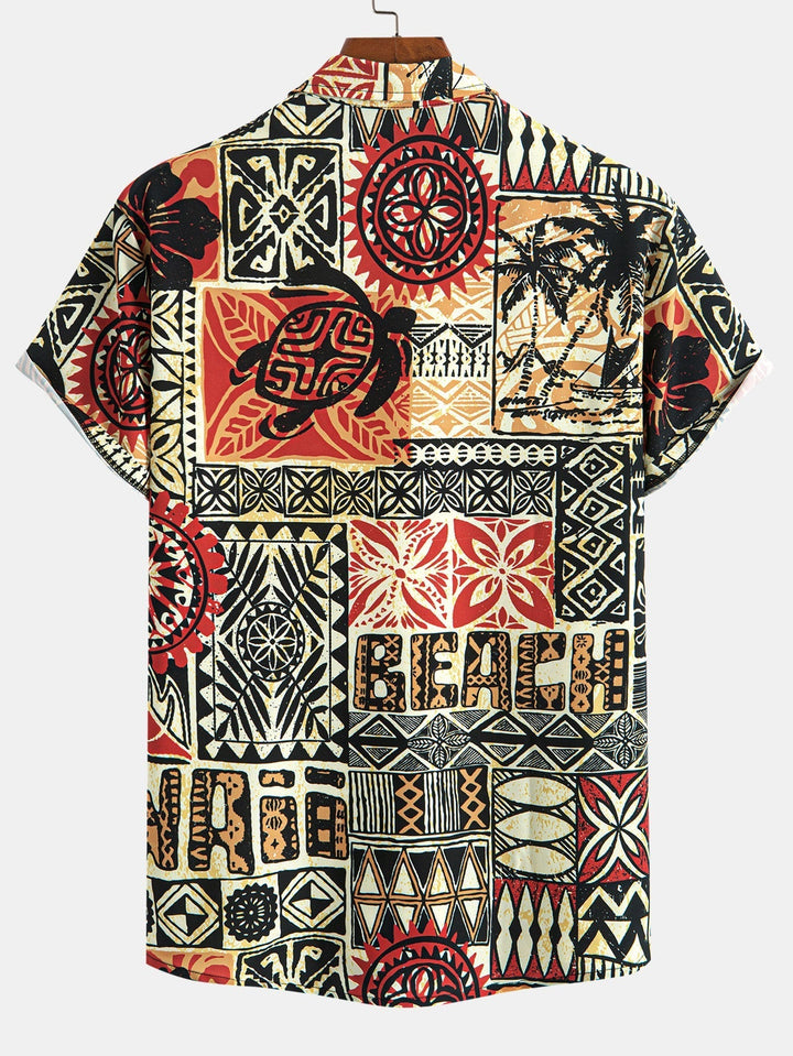 Palm Tree Turtle Geometry to Print Button Shirt Up & Swim Shorts