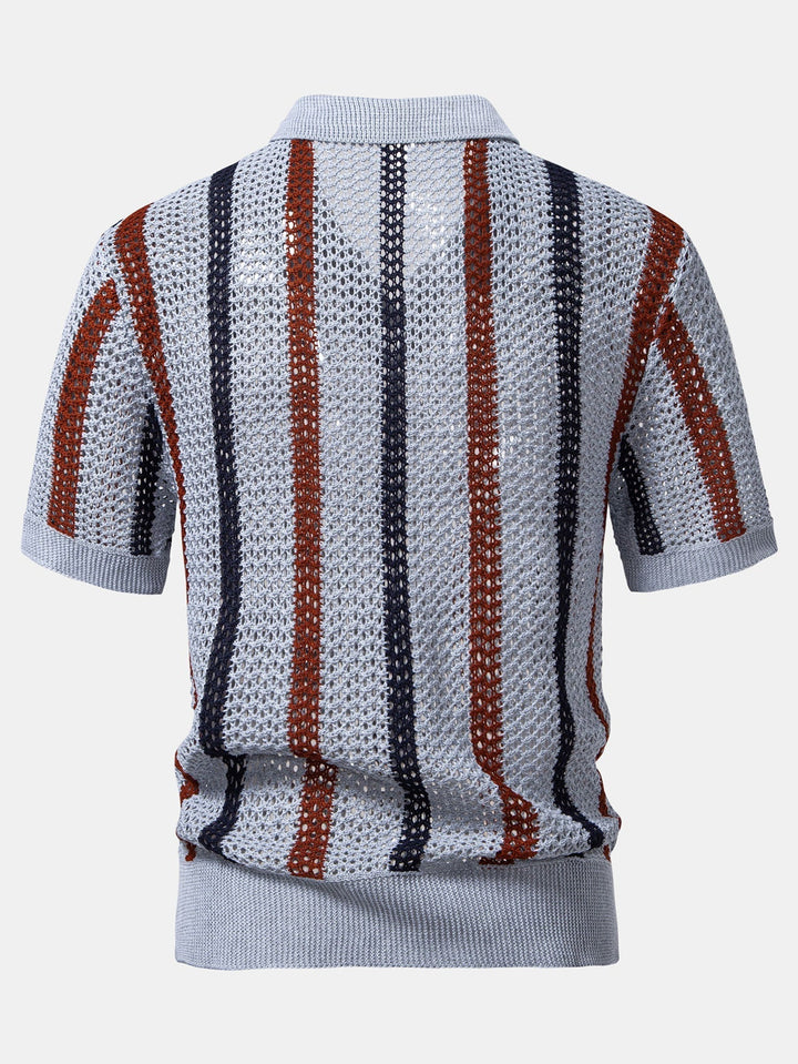 Striped Crochet Polo with V-Neck & Straight Leg Linen Pants