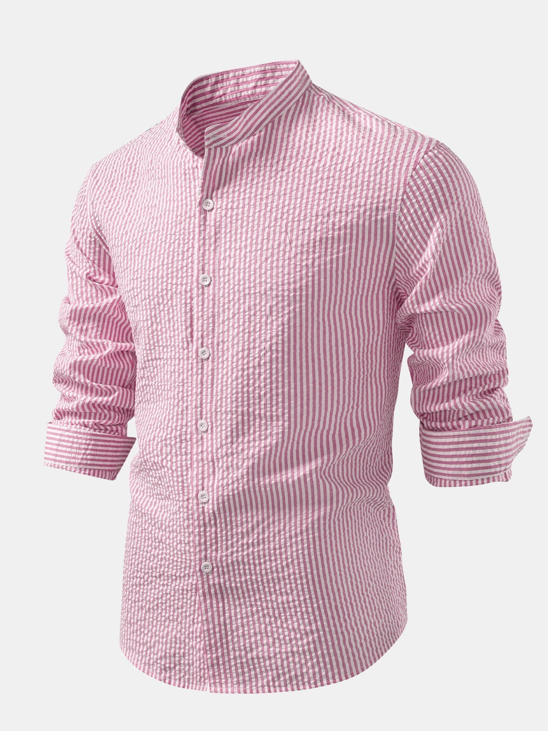 Striped Seersucker Shirt with Stand Collar