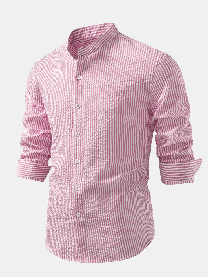 Striped Seersucker Shirt with Stand Collar