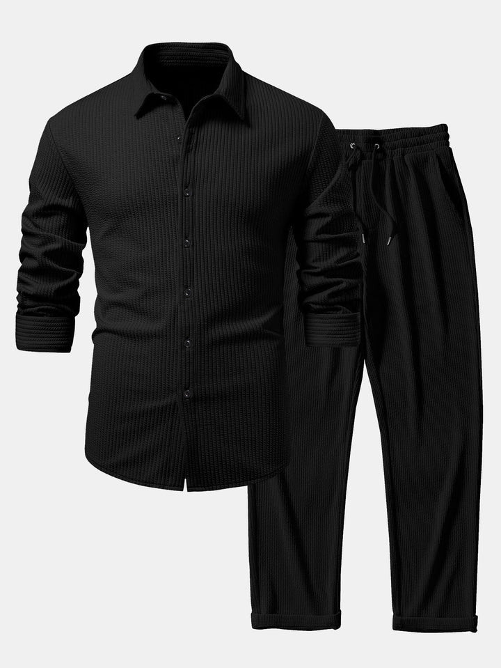 Ribbed Long Sleeve Muscle Fit Shirt, Buttoned & Ribbed Straight Leg Pants