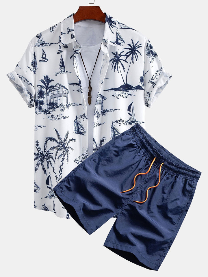 Island Sailing Print Button Up Shirts & Swim Shorts