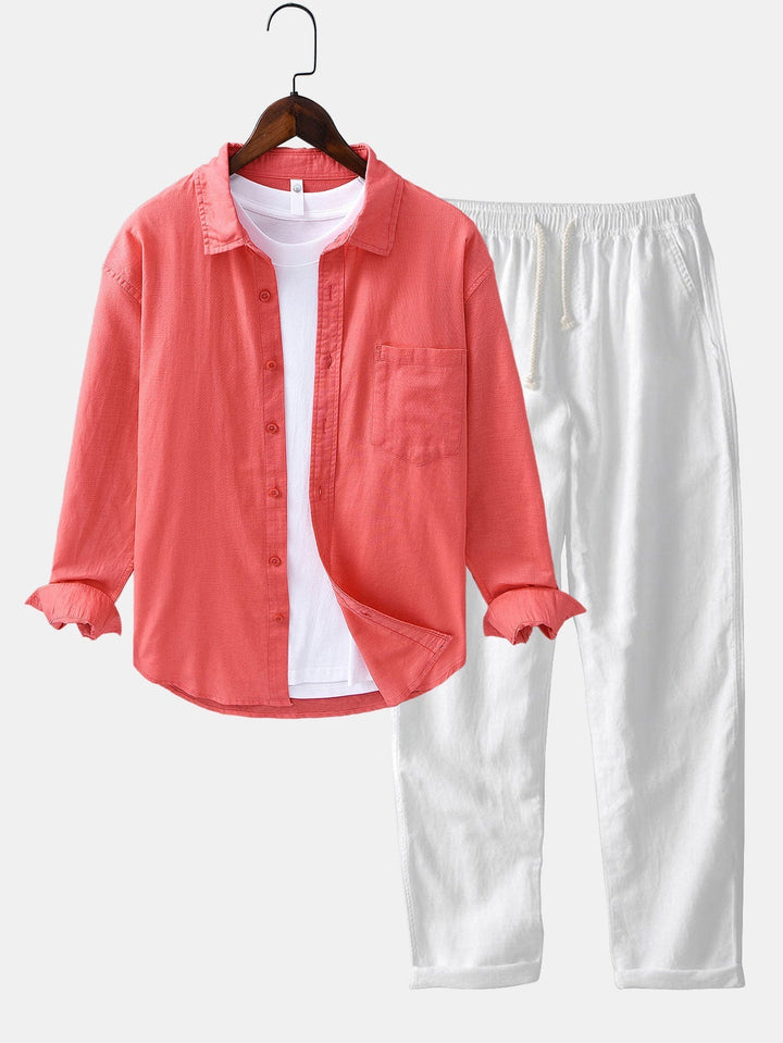 Long Sleeve Linen and Cotton Shirt with Pocket & Straight Leg Linen Pants