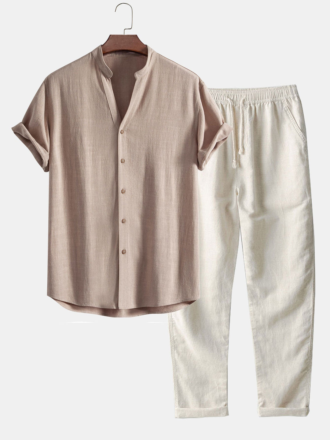 Linen and Rayon Blend V-Neck Shirt & Straight Leg Linen Pants